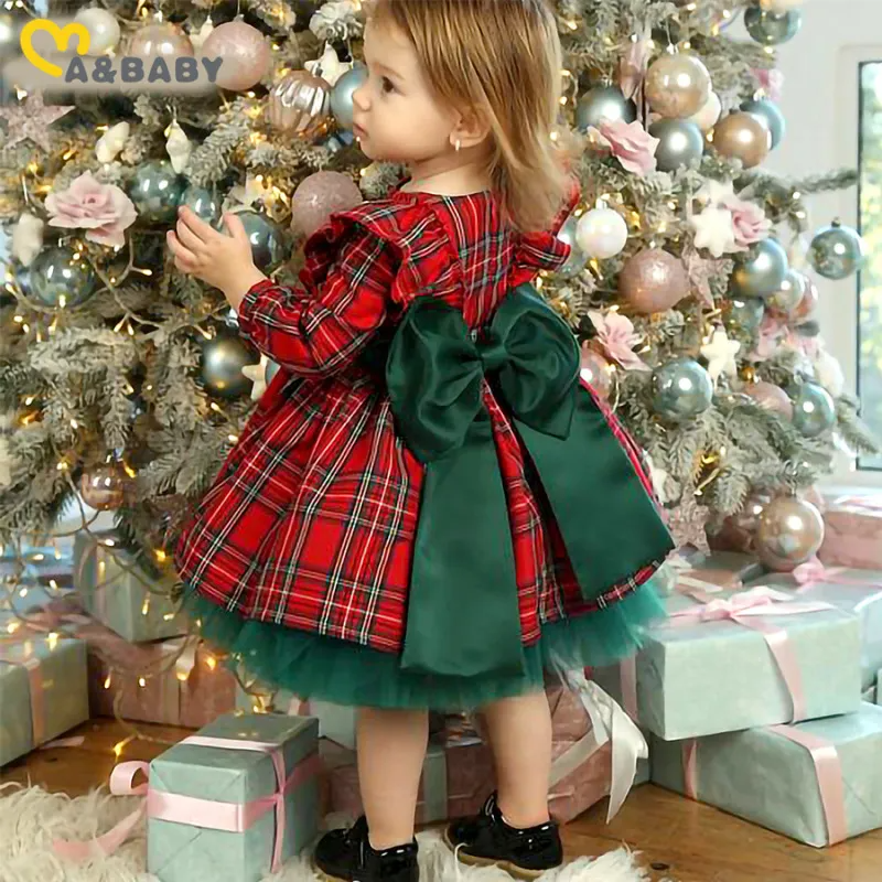 Kids Toddler Girls Fashion Casual Christmas Red Plaid Bow Round Neck Long Sleeve Dress