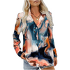 Women Long-Sleeved Tie Dye Marble Printed Button-Down Shirt V-Neck Office Chic Blouse