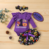 Kids Baby Girls Fashion Casual Halloween Solid Color Pumpkin Letter Round Neck Long Sleeve Romper Skull Spider Bow Skirt Dress Set