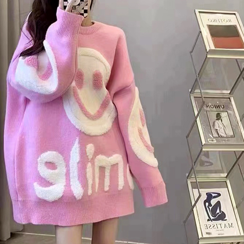 Women Fashion Winter Loose Plush Smiley Knitted Sweater