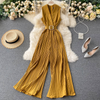 Women Retro Solid Lar Wide Leg Jumpsuits