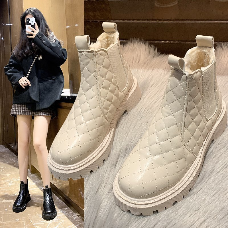 Women Fashion British Style Rhombic Quilted Warm Thickened Round Toe Short Barrel Snow Boots