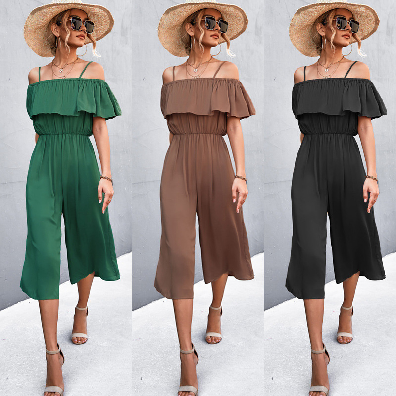 Women Solid Color One-Shoulder Loose Casual Sling Jumpsuit