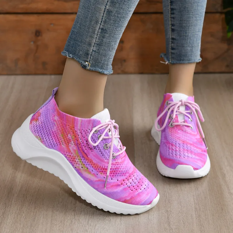 Women Fashion Casual Plus Size Color Block Fly-Woven Breathable Lace-Up Sneakers