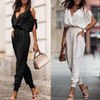 Women Fashion Elegant V Neck Pocket Solid Color Cool-Shoulder Jumpsuits