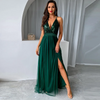 Elegant Women Fashion Sequin Decor Deep V Side Slit Mesh Maxi Party Evening Dress