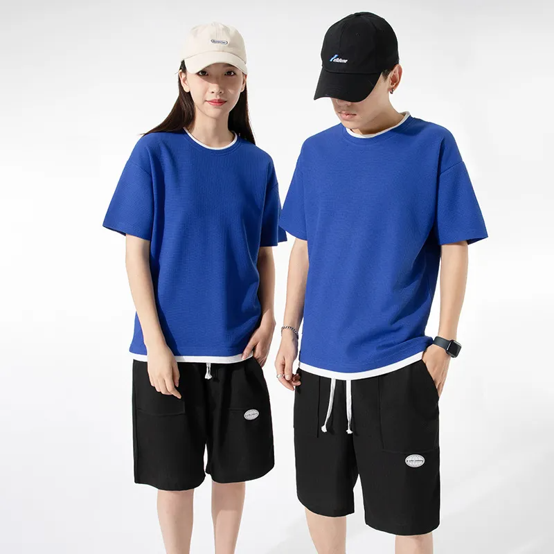 Unisex Fashion Waffle Round Neck Short Sleeve Oversized Loose T-Shirt And Shorts Two-Piece Set