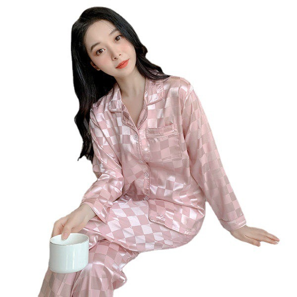 Cozy Pajamas Women Plaid Ice Silk Long-Sleeved Two-Piece Sleep Loungewear