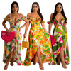 Women Fashion Sexy Vacation Floral Printed Deep V Tube Front Split Suspenders Dress