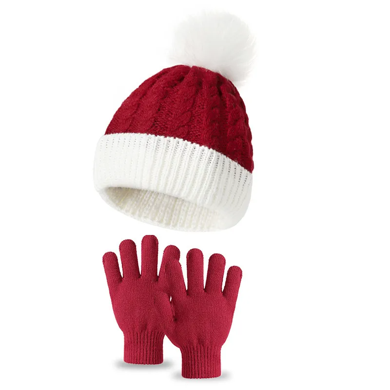 (Buy 1 Get 1) Kids Casual Cute Christmas Fur Ball Color Matching Knitwear Gloves Hat Sets