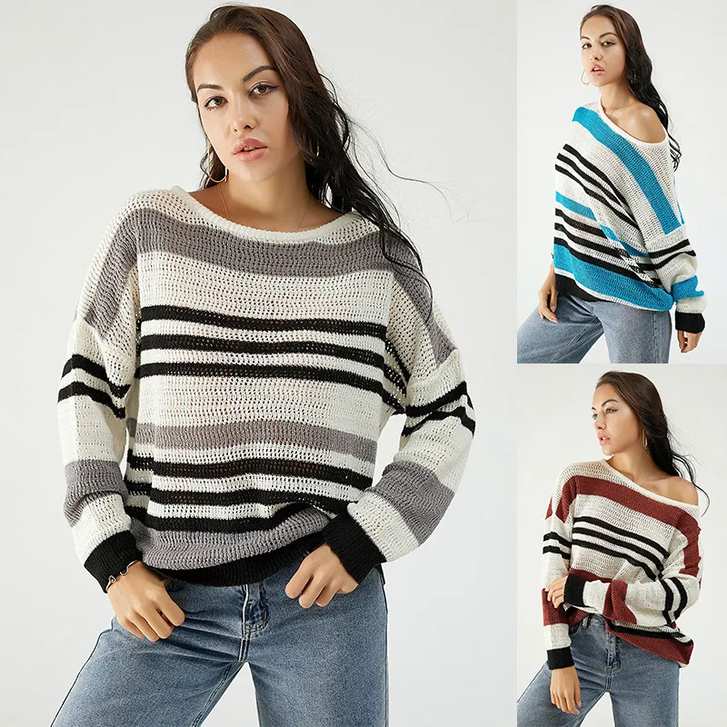 Women Casual Loose Stripe Long Sleeve Knitted Sweater