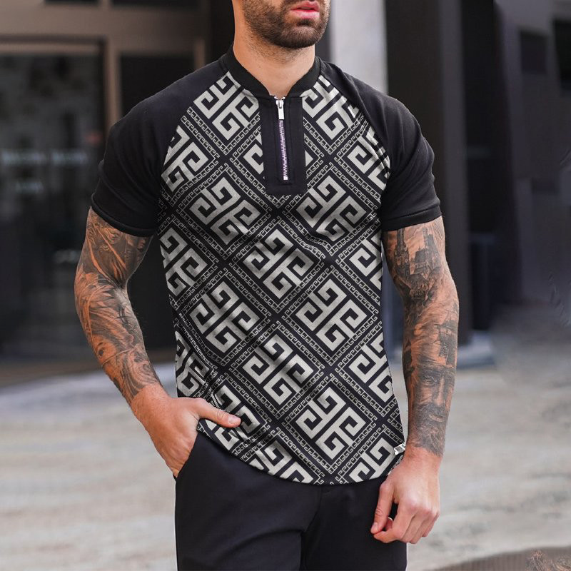 Men Casual Neckline Zipper Short Sleeve Printed Polo Shirt