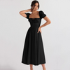 Women Fashion Elegant Solid Color Puff Sleeve Square Neck Dress