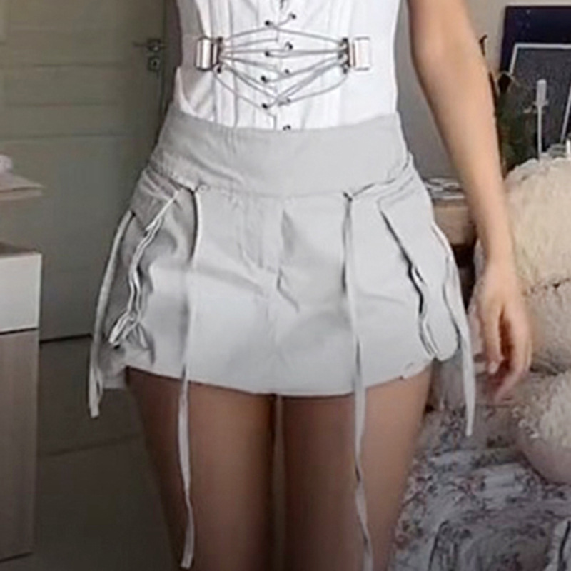 Women Fashion Street Solid Color Woven Strip Strap Woven Short Skirt