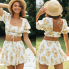 Women Fashion Summer Vacation Floral Printed Square Neck Cropped Blouse Skirt Set