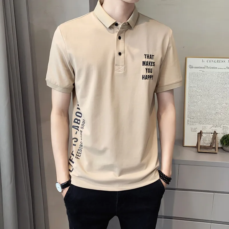 Men Casual Solid Color Letter Print Slim Fit Lapel Short Sleeve Polo Shirt