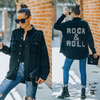 Women Fashion Casual Punk Vintage Letter Pattern Washed Loose Black Denim Jacket