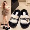 Autumn Winter Women Fashionable Houndstooth Belt Buckle Plush Round Toe Flat Home Slippers