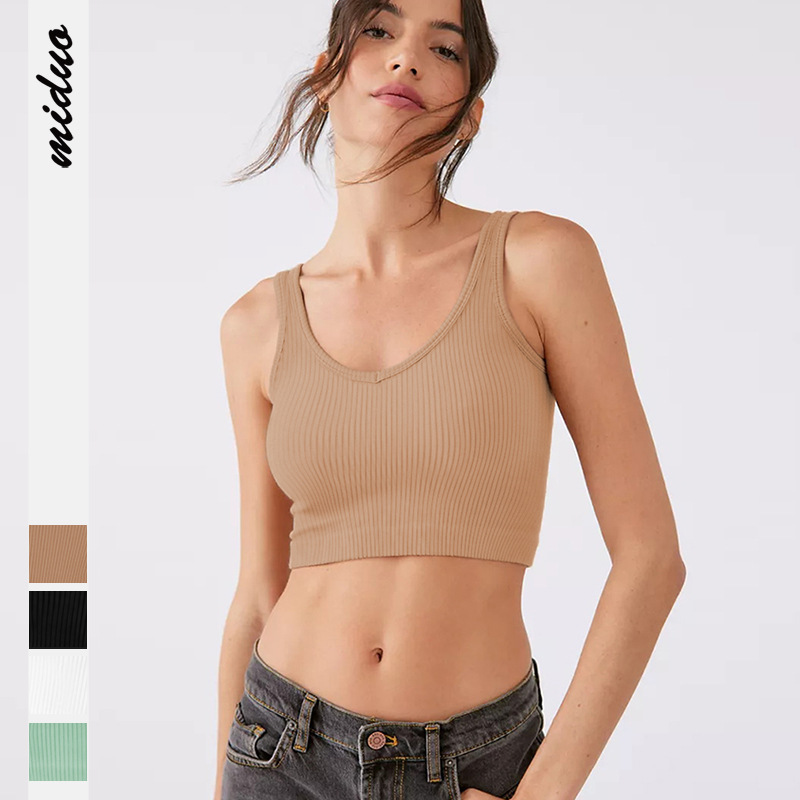 Fashion Edgy Women Rib-Knit Sexy Solid Color U-Neck Basic Cropped Tanks