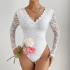 Fashion Women Sexy Deep V Backless Long Sleeve White Lace Bodysuit