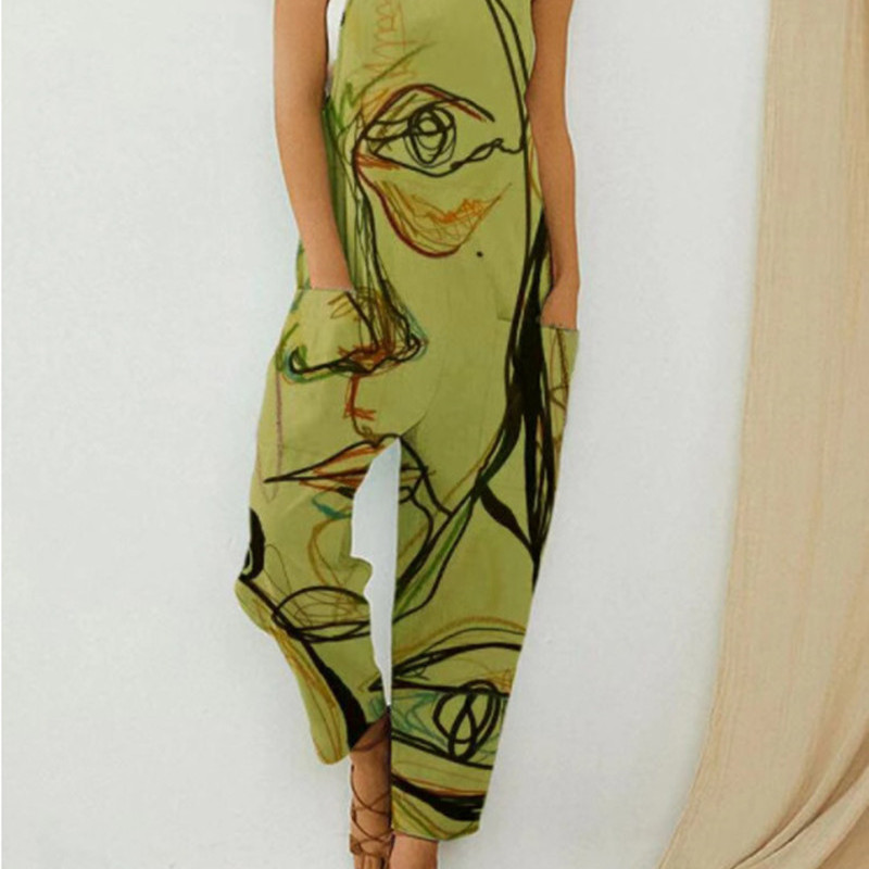 Women Vintage Abstract Print Suspender Jumpsuit