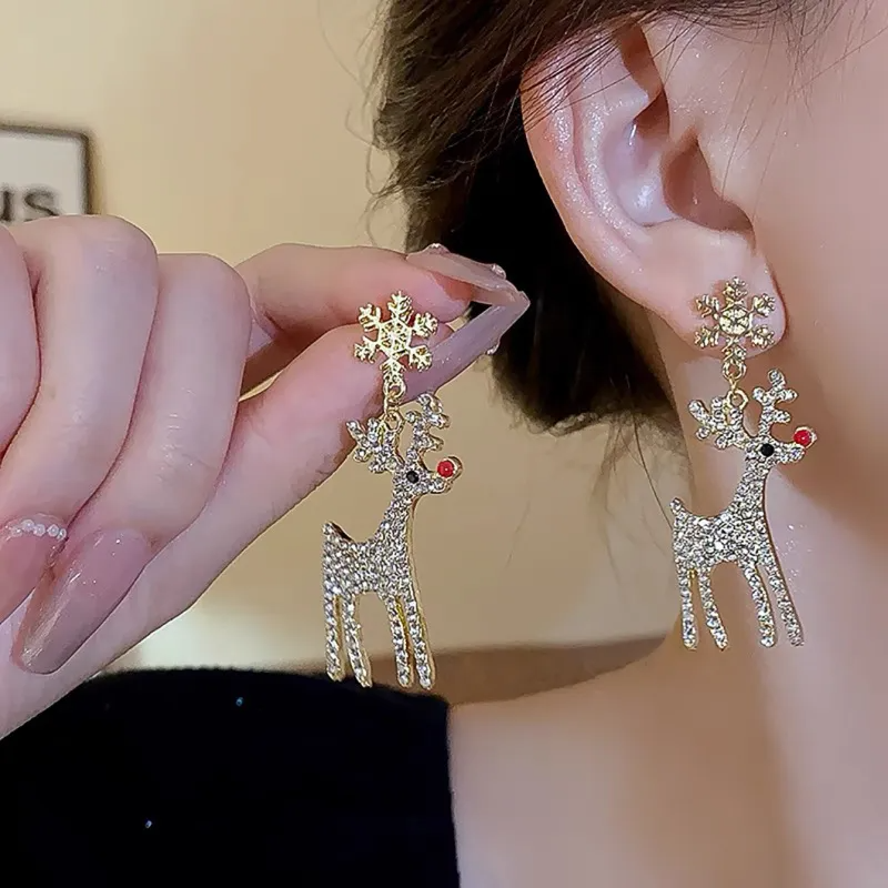 Women Fashion Simple Rhinestone Christmas Snowflake Elk Earrings