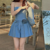 Women'S Fashion Sexy Boat Neck Tube Denim Pleated Skirt