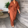 Women Ramadan /Eid Fashion V-Neck Solid Color Waist Drawstring Split Dress