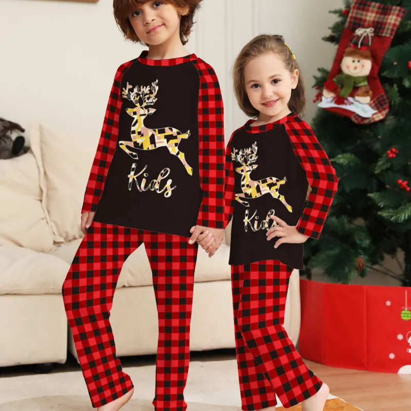 Christmas Cartoon Fashion Elk Plaid Print Round Neck Long Sleeve Parent-Child Pajamas Set