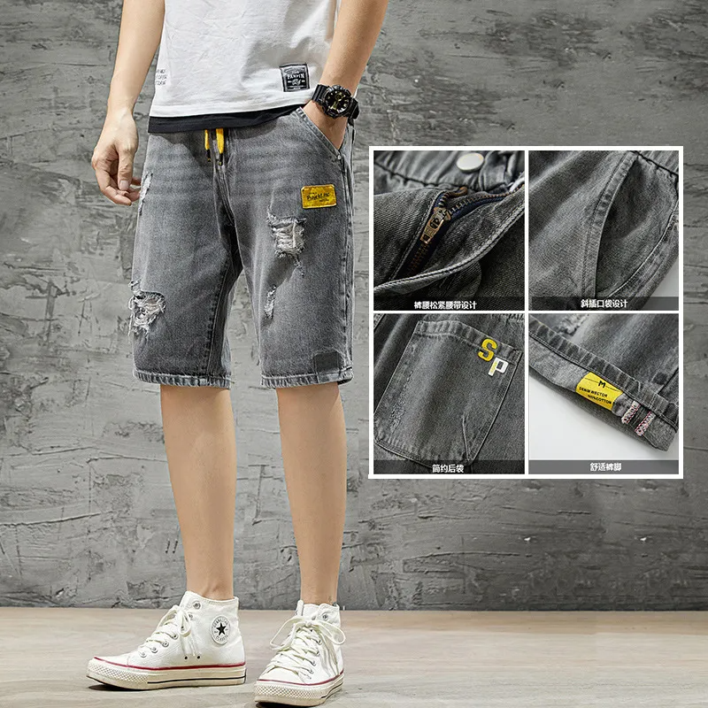 Summer New Beach Casual Men Shorts Straight Ripped Knee Length Denim Shorts Drawstring Loose Hole Male Short Jeans