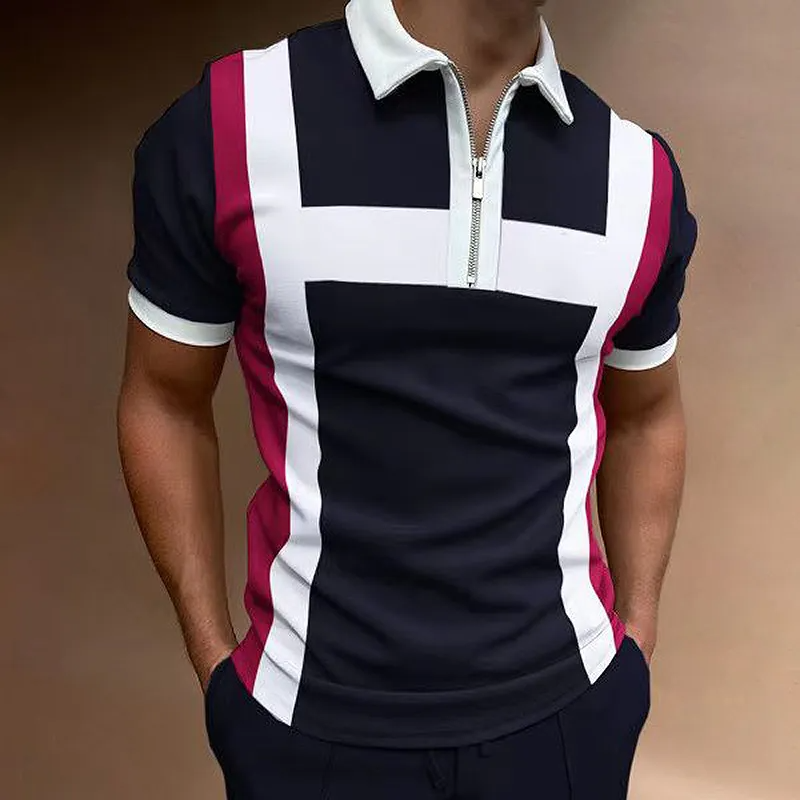 Men Casual Paneled Colorblock Creative Striped Print Zip-Up Lapel Short-Sleeved Slim Polo Shirt
