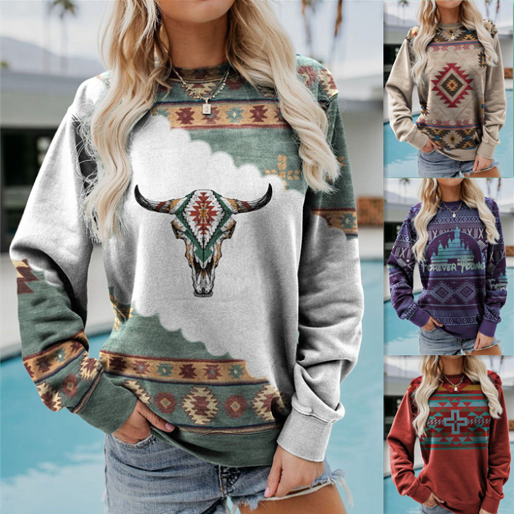 Women Autumn Winter Long-Sleeved Round Neck Ethnic Vintage Sweatshirt