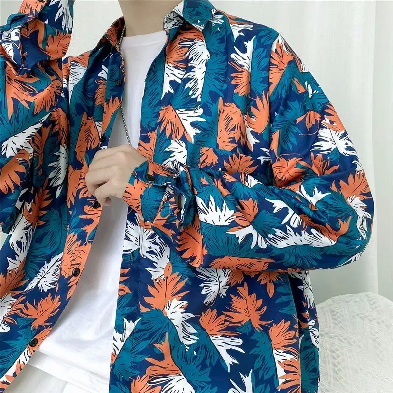 Men Casual Multicolor Leaf Print Single Breasted Lapel Long Sleeve Loose Shirt