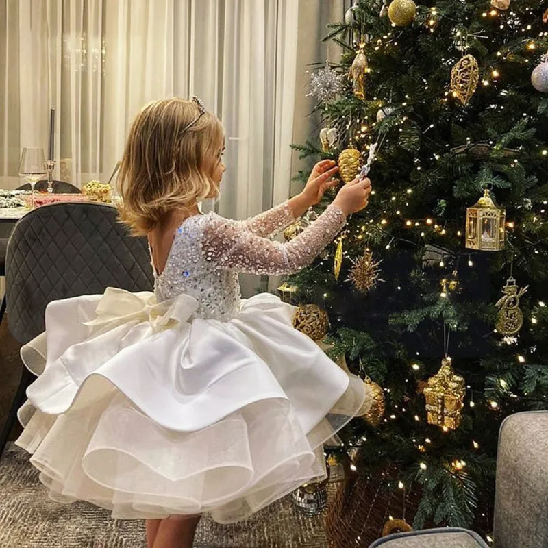 Toddler Girls Fashion Party Cute Sweet Mesh Sequins Long Sleeve Tutu Princess Dress