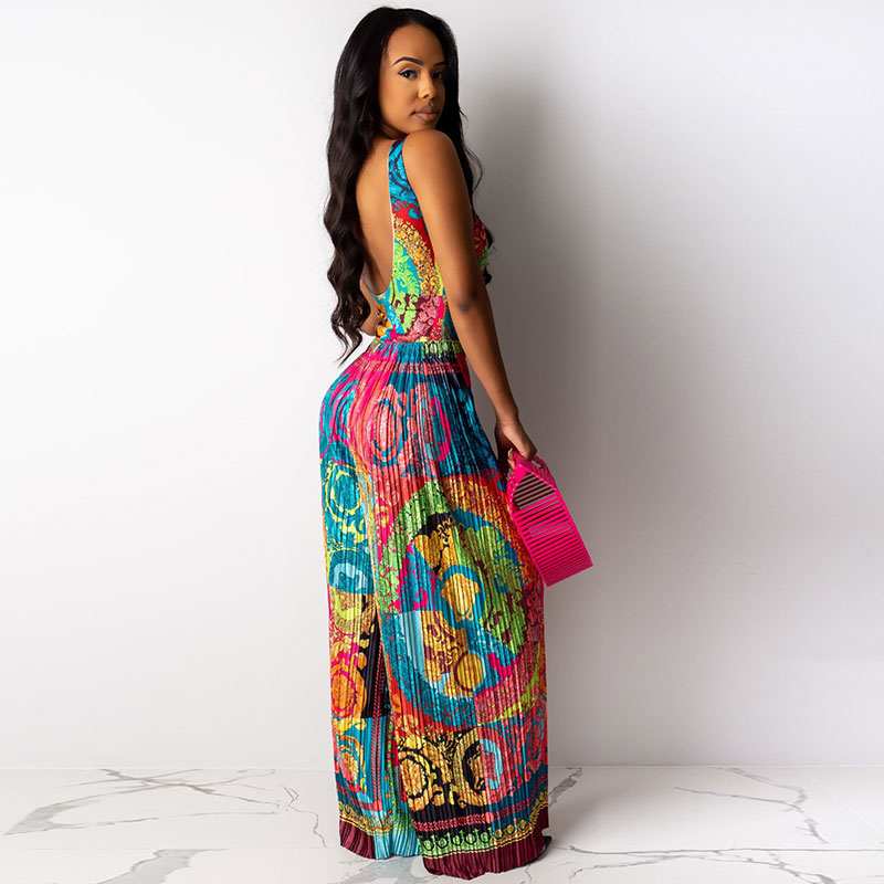 Women Fashion Backless Sleeveless Graphic Print Leisure Jumpsuits