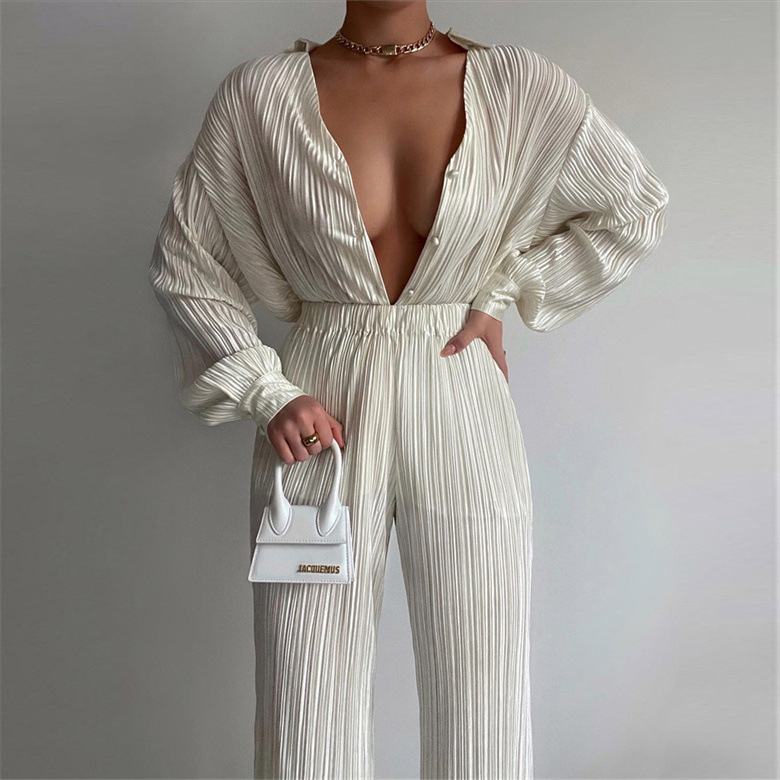 Summer Vacation Fashion Women Elegant Pleated Long-Sleeved V-Neck Shirt Casual Pants Two-Piece Set