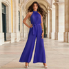 Women Solid Color Halter Neck Pleated Waist Fashion Wide Leg Jumpsuit