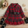 Kids Toddler Girls Fashion Casual Christmas Red Plaid Lapel Long Sleeve Flounced Dress