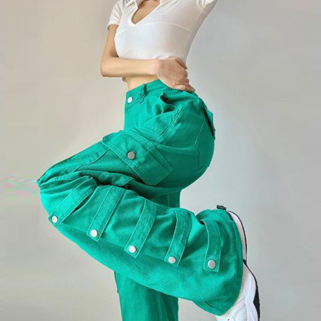 Fashion Casual Ladies Loose High Waist Green Overalls Jeans