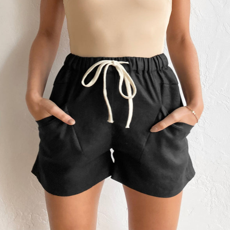 Women Fashion Casual Basic Solid Color Drawstring Waist Lace-Up Shorts