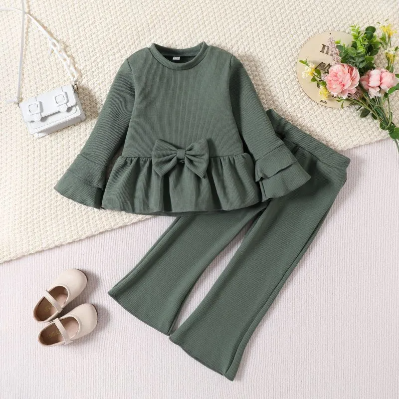 (Buy 1 Get 2) Kid Girl Casual Solid Color Long Sleeve Bow Set