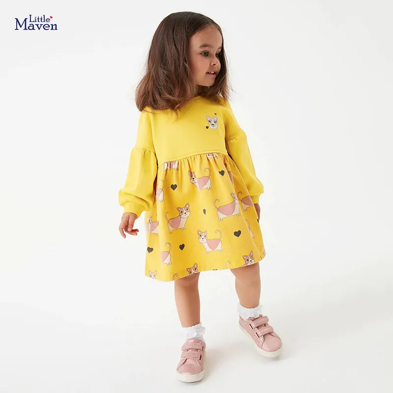 Kids Toddler Big Girls Summer Fashion Casual Sweet Cotton Solid Color Cartoon Puppy Pattern Round Neck Long Sleeve Dress