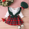 Baby Fashion Casual Christmas Solid Color Long Sleeve Round Neck Romper Playd Bow Skirt Sets