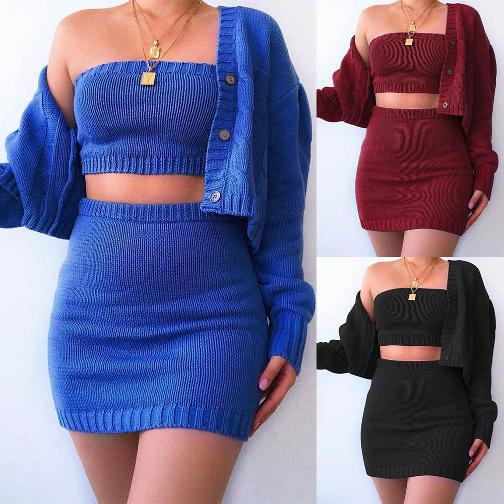 Solid Color Tube Top And Single-Breasted Cardigan And Bodycon Skirt Knit Three Pieces Sets