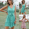 Women Fasion Casual Vacation Stone Print Ruffled Lace-Up Defined Waist Sleeveless Dress