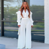 Women Solid Color Hollow Cool-Shoulder Puff Sleeve Long-Sleeved Top Casual Wide Leg Pants Office Chic Sets