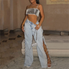 Women Fashion Sexy Side Slit Rhinestone Chain Bandage Denim Wide-Leg Pants