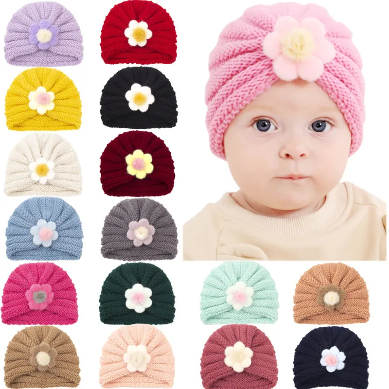 Kids Simple Solid Color Big Flower Warm Woolen Knitted Pullover Hat