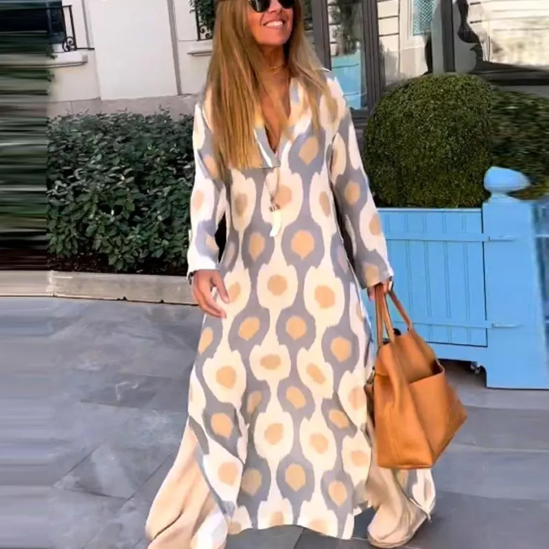 Ramadan /Eid Women Casual Boho Style Geometry Print Long Sleeve V Neck Loose Maxi Dress