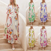 Women Vacation Beach Swing Elastic Fabric Floral Printed Buttoned Half Sleeve V Neck Casual Maxi Shirt Dress